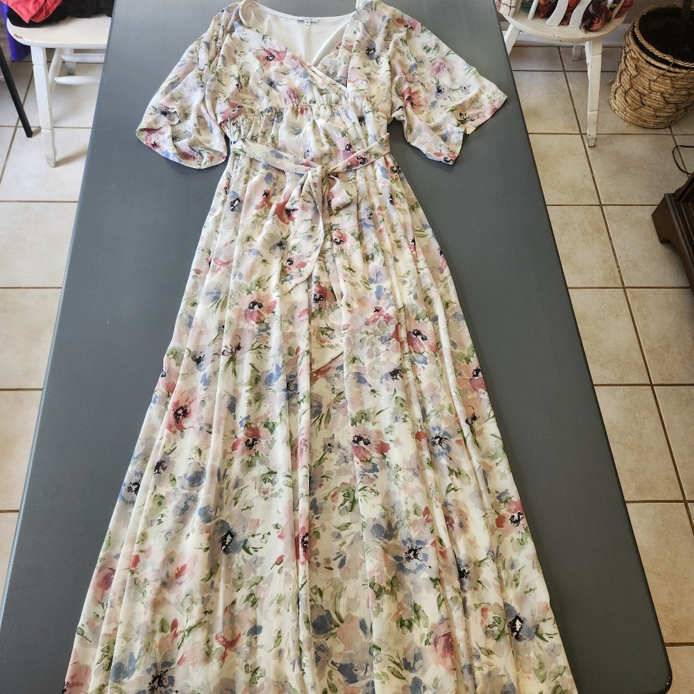 Baltic Born Floral Maxi Dress in Cream with Pink & Blue Flowers